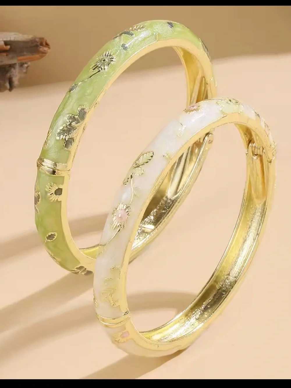 Green Floral Cloisonné Hinged Bracelet - Picture 8 of 8